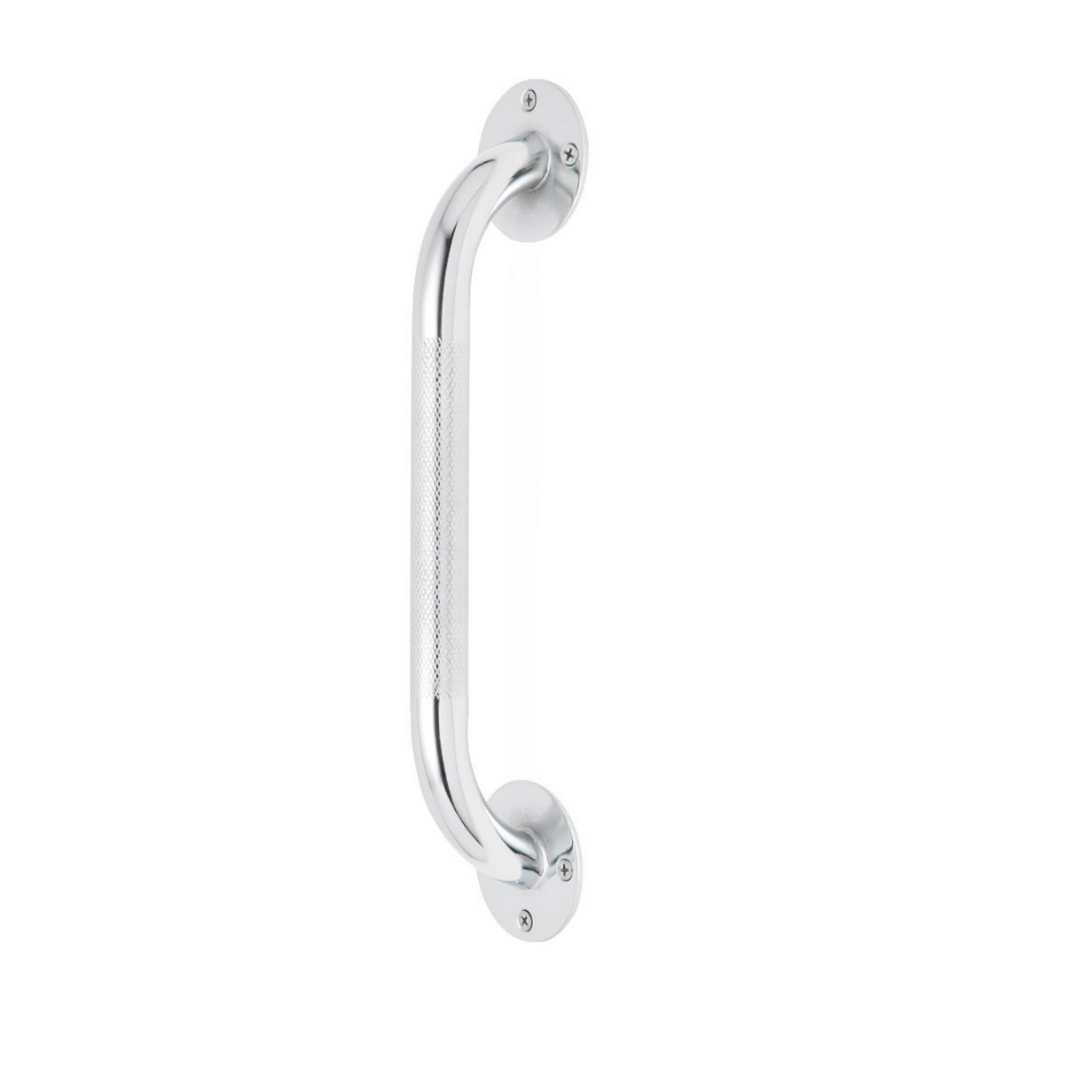 The Medline Knurled Chrome Grab Bar features a silver steel finish, non-slip center grip, and mounts vertically with round screw plates at each end, making it ideal for fall prevention on any white surface.